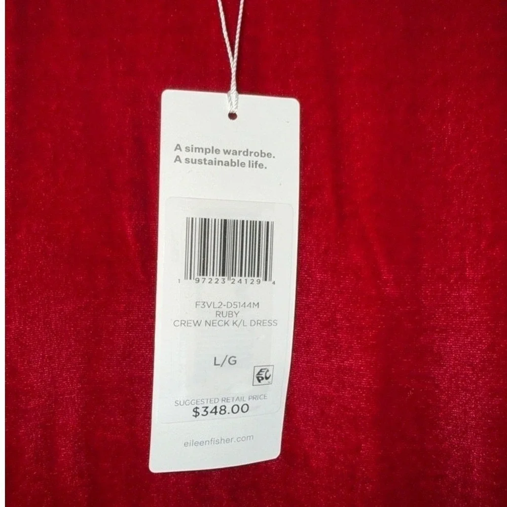 Eileen Fisher Large Ruby Red Crew Neck Long Sleeve Velvet Knee Length Dress NWT‎